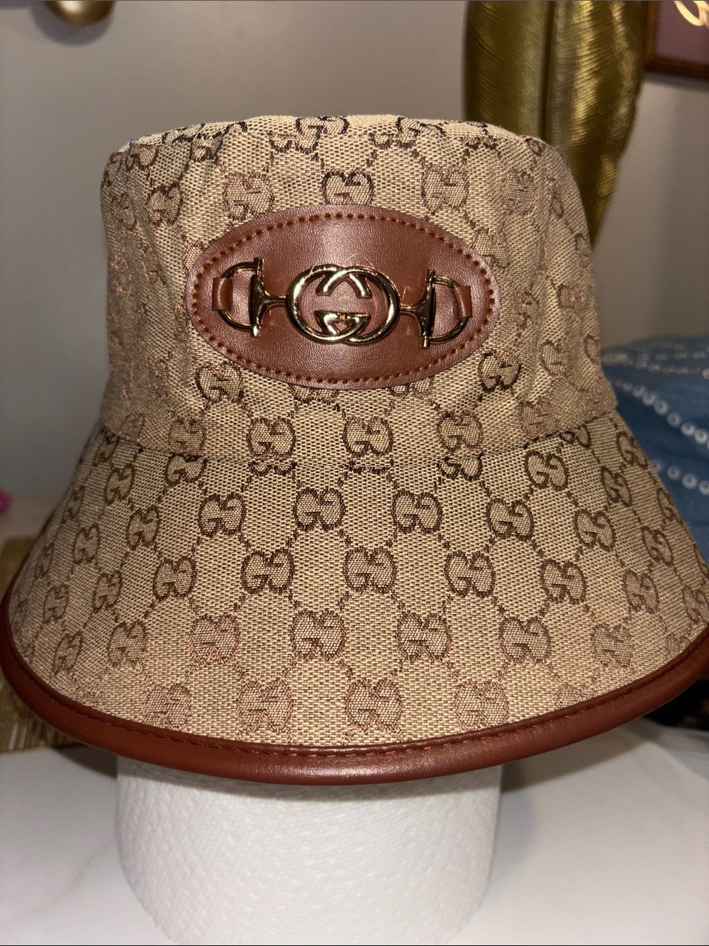 Monogram Bucket Hat with Brown Leather Trim and Gold Hardware